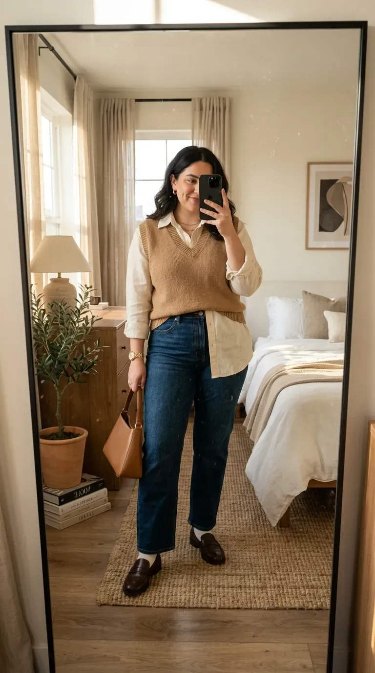 Curvy woman wearing a sweater vest over a button-down with jeans for a stylish fall outfit.