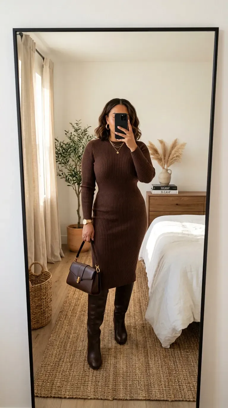 Curvy woman wearing a trench coat over a knit dress for an elegant fall outfit.