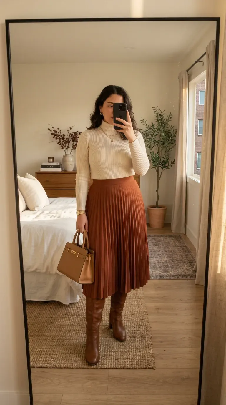 Curvy woman wearing a turtleneck with pleated midi skirt for an elegant fall outfit.