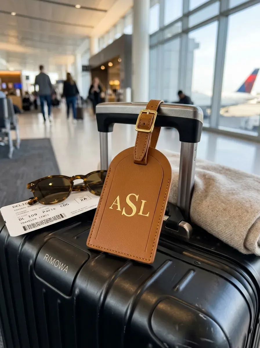 15 Genius Cricut Summer Projects You Need to Try 5 Personalized faux leather luggage tag attached to a suitcase