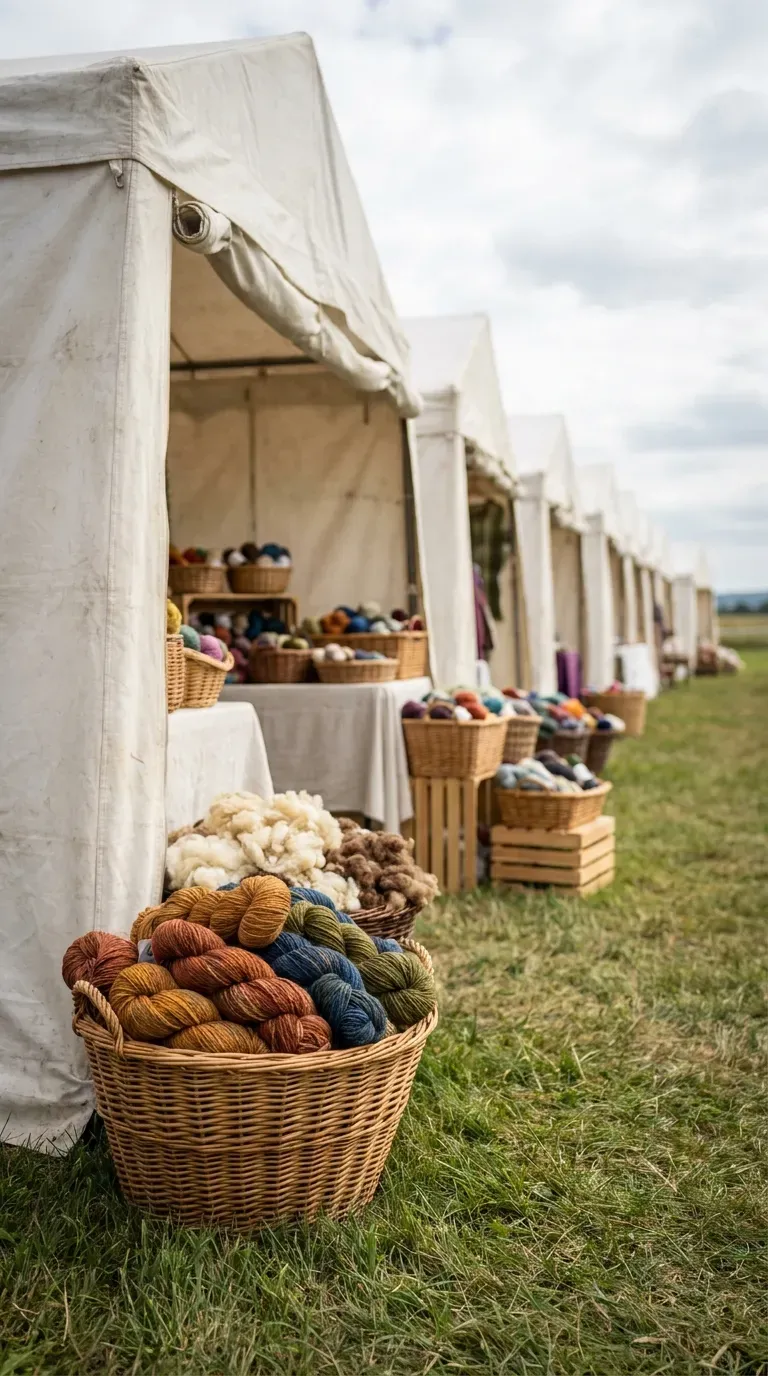 13 Craft Outing Ideas Every Maker Will Love 14 rows of yarn and fiber vendor tents at an outdoor fiber festival