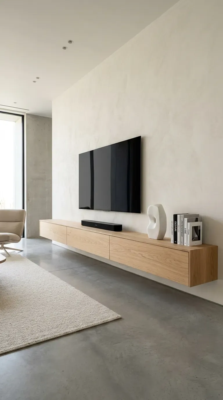 16 Genius Minimalist Living Room Ideas You Need to Try 6 Wall mounted floating oak TV unit in a white minimalist living room