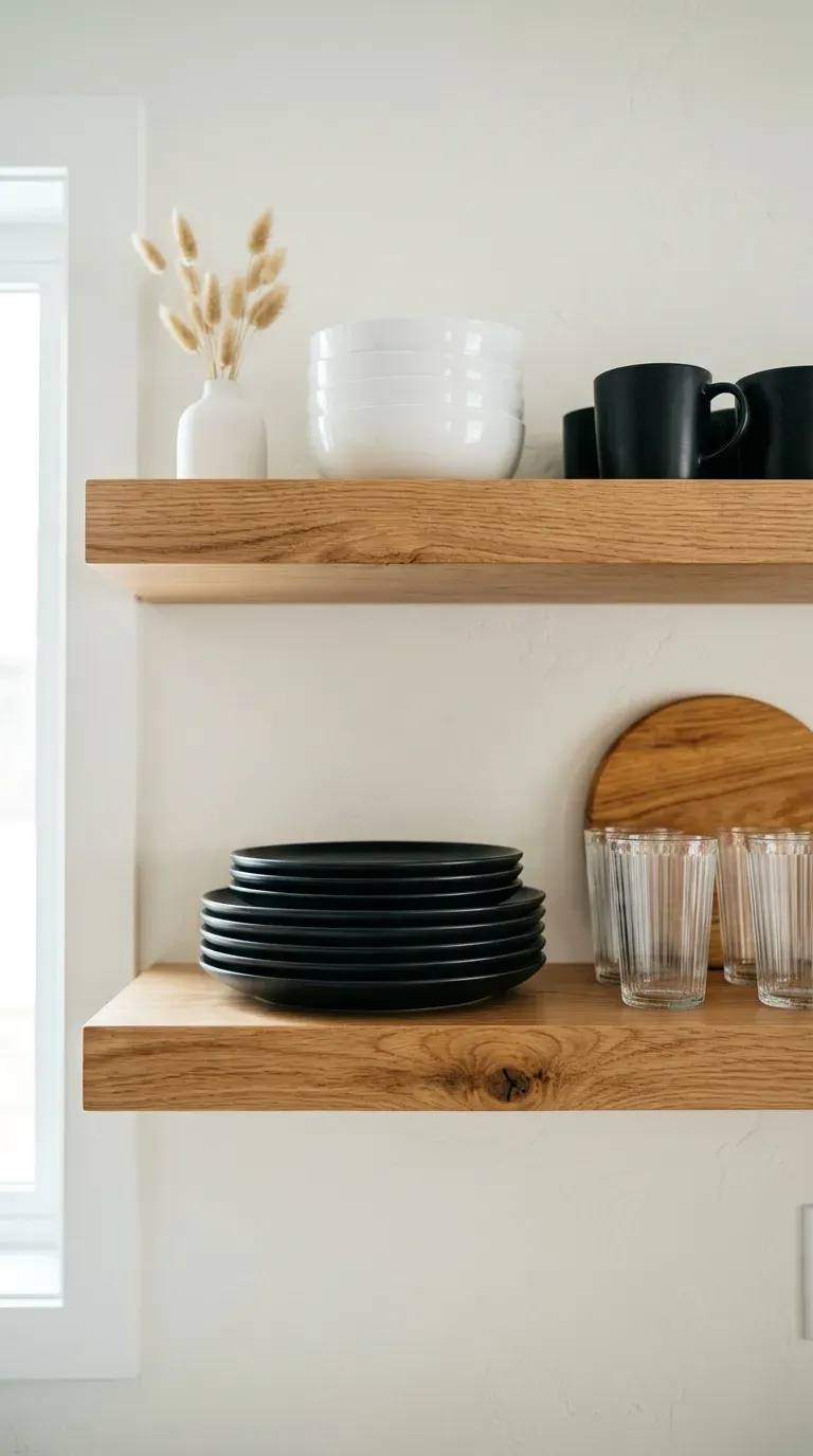 floating thick white oak kitchen shelves styled with matte black ceramic dinnerware
