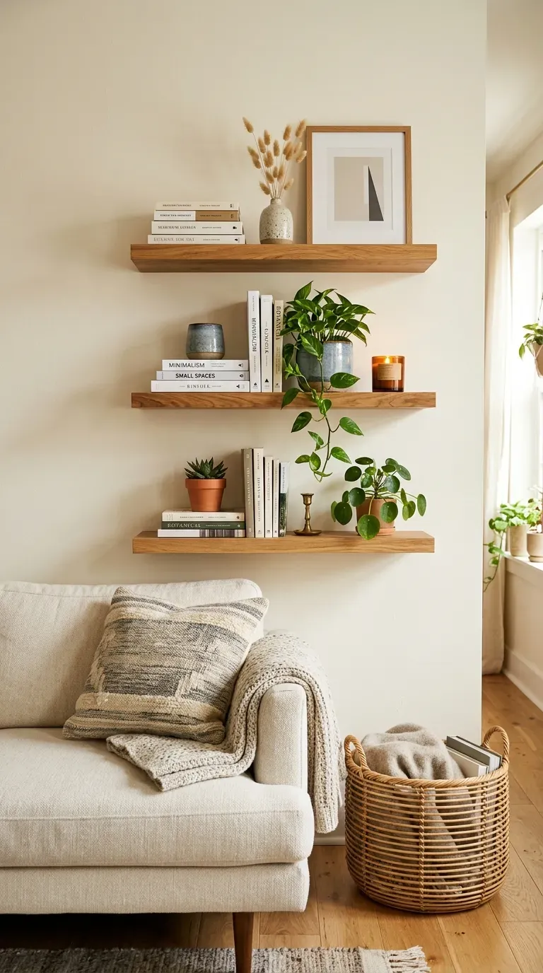 Small apartment wall decorated with floating wooden shelves books plants and minimalist accessories.