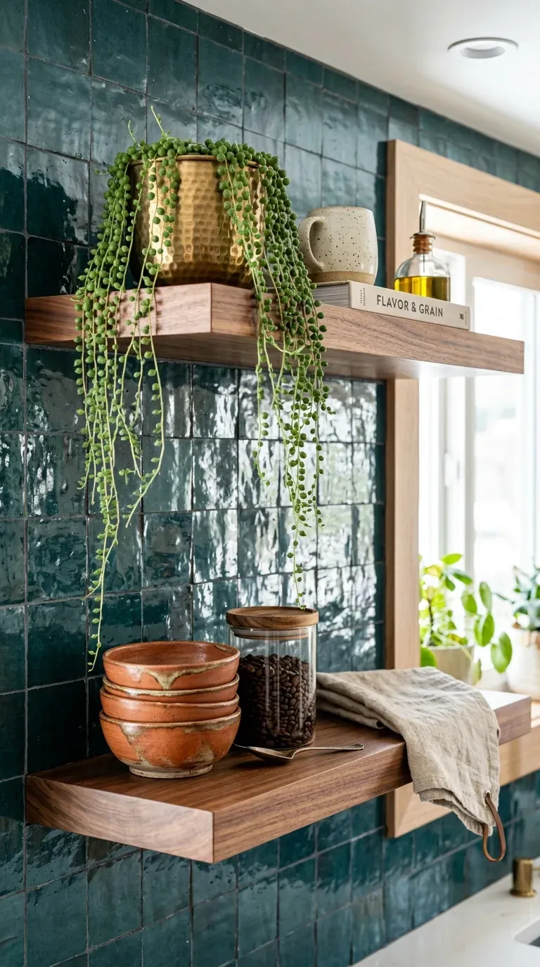 Thick walnut shelves mounted over glossy teal Zellige tile backsplash