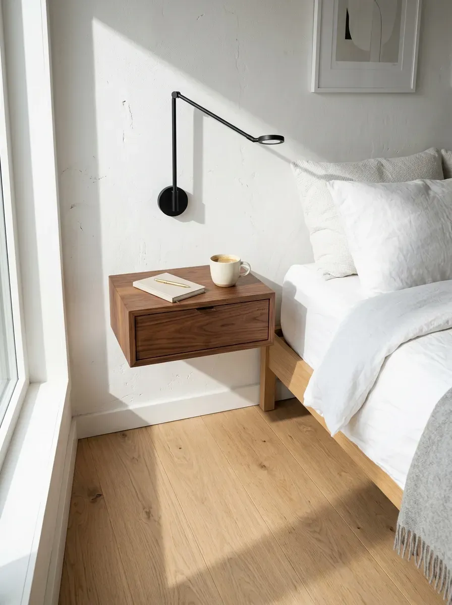 10 Must-Try Tiny Room Ideas That Look Stunning 6 Sleek floating walnut nightstand in a bright tiny bedroom