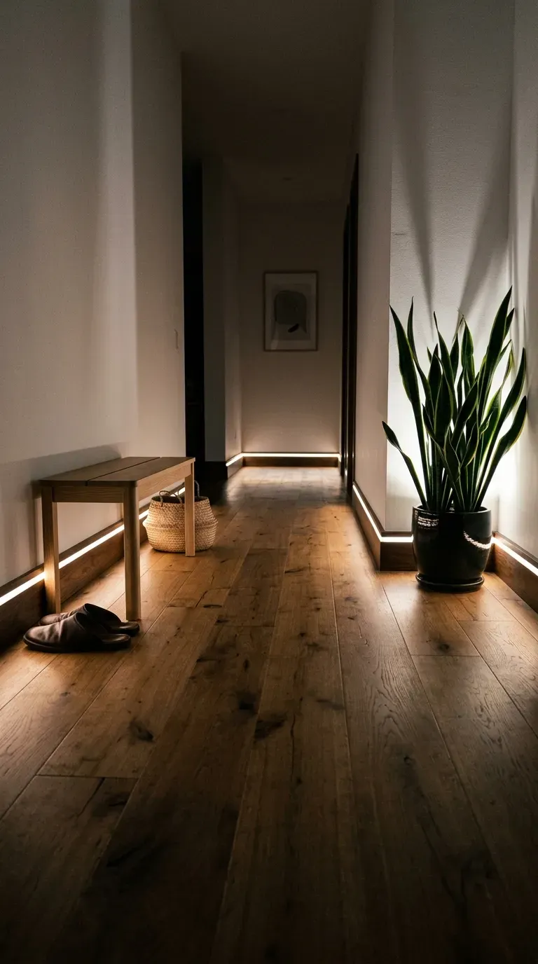 Warm floor-level lighting illuminating a sleek modern hallway floor