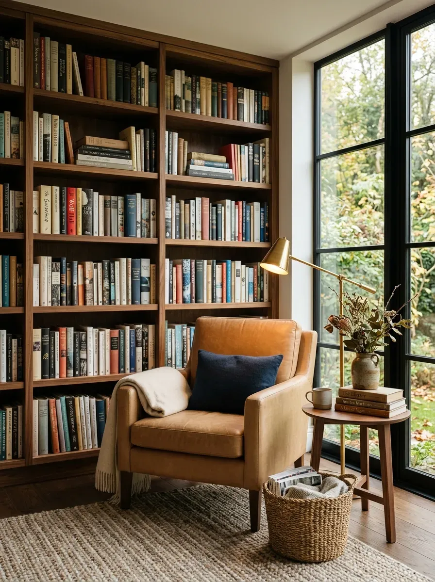 Elegant reading nook with floor-to-ceiling bookshelf comfortable chair and warm reading lamp.
