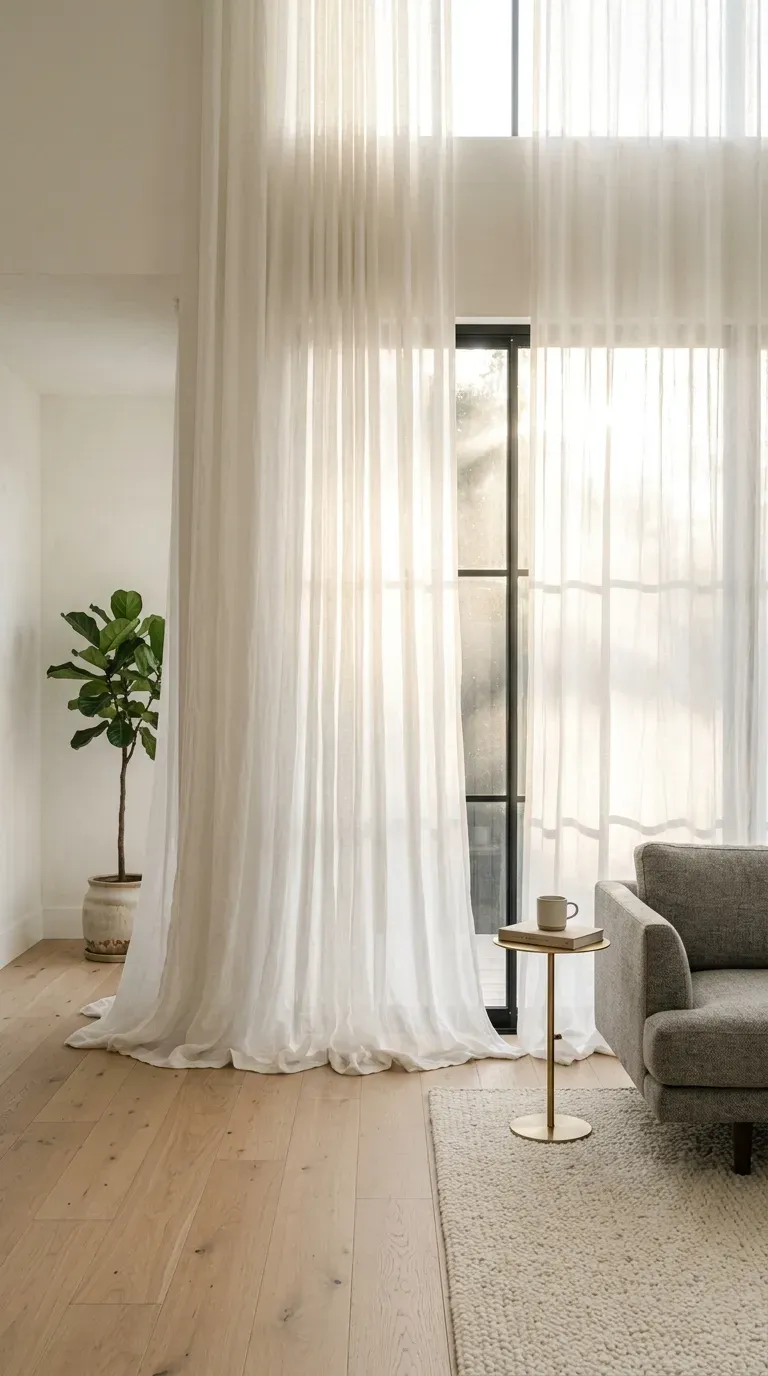16 Genius Minimalist Living Room Ideas You Need to Try 13 Soft white linen curtains hung high in a modern minimalist living room