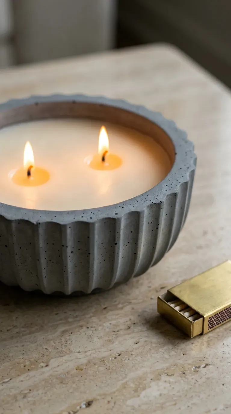 10 Modern DIY Soy Candle Ideas That Are Big in 2026 4 handmade fluted grey concrete bowl soy candle with two burning cotton wicks