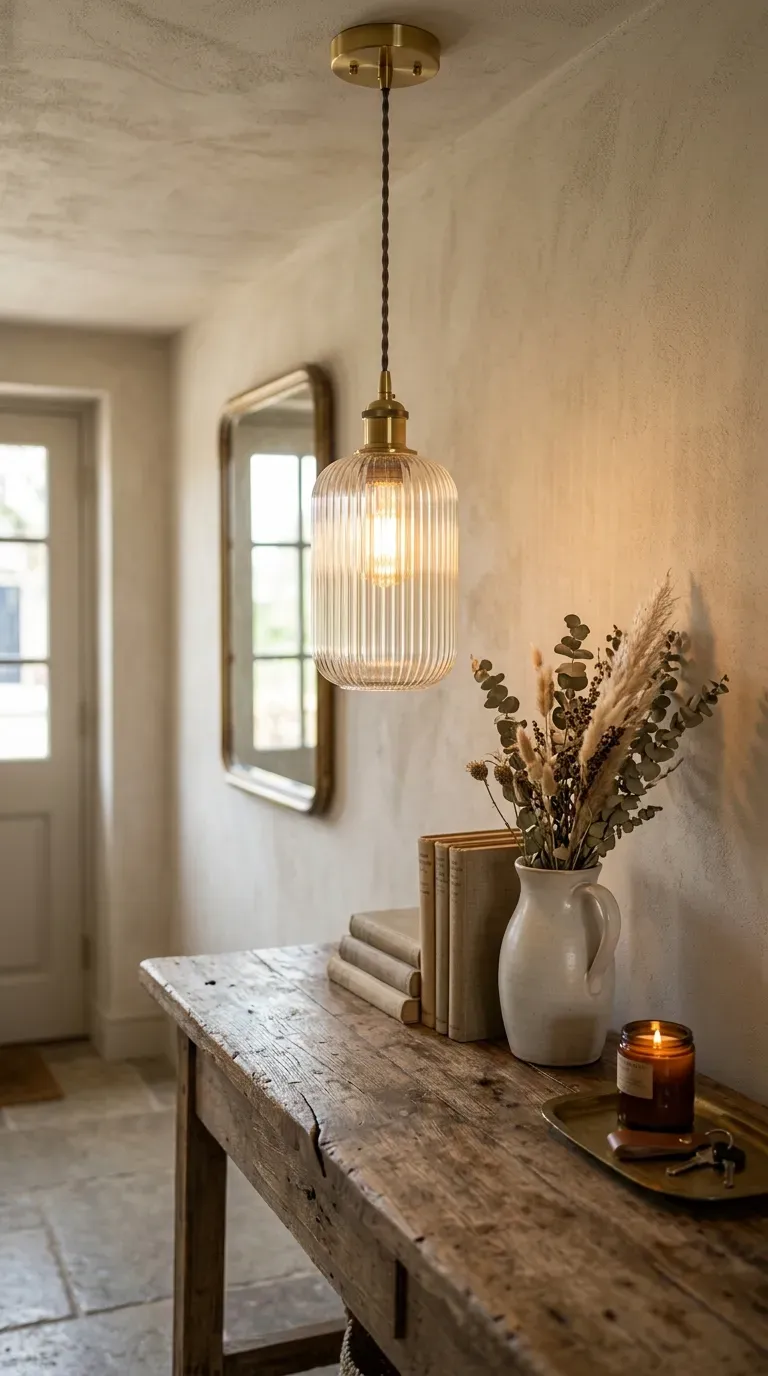 ribbed fluted glass pendant light hanging above a rustic weathered entryway table