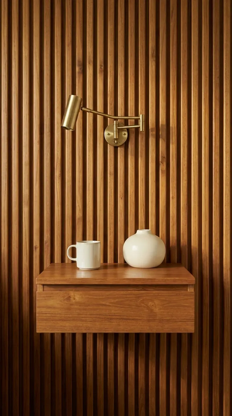 12 Stunning Retro Bedroom Ideas That Look Insanely Chic 2 teak wood slat headboard with floating mid century nightstand in a retro bedroom