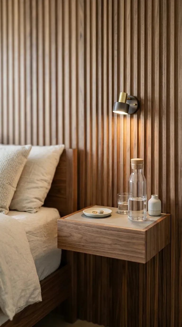 13 Genius Brown Bedroom Ideas You Will Want to Copy ASAP 4 fluted walnut slat headboard paired with a minimalist floating bedside shelf