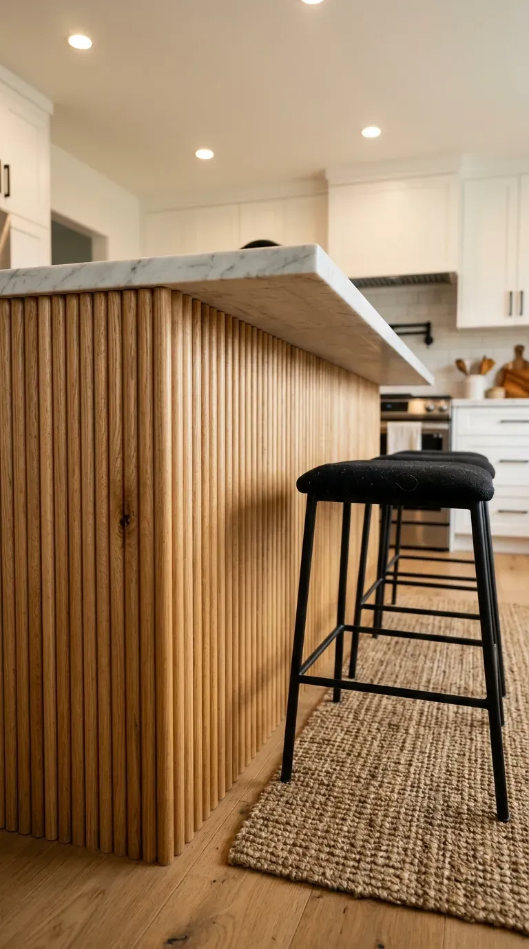 kitchen island back panel finished in vertical fluted oak pole wrap with barstools