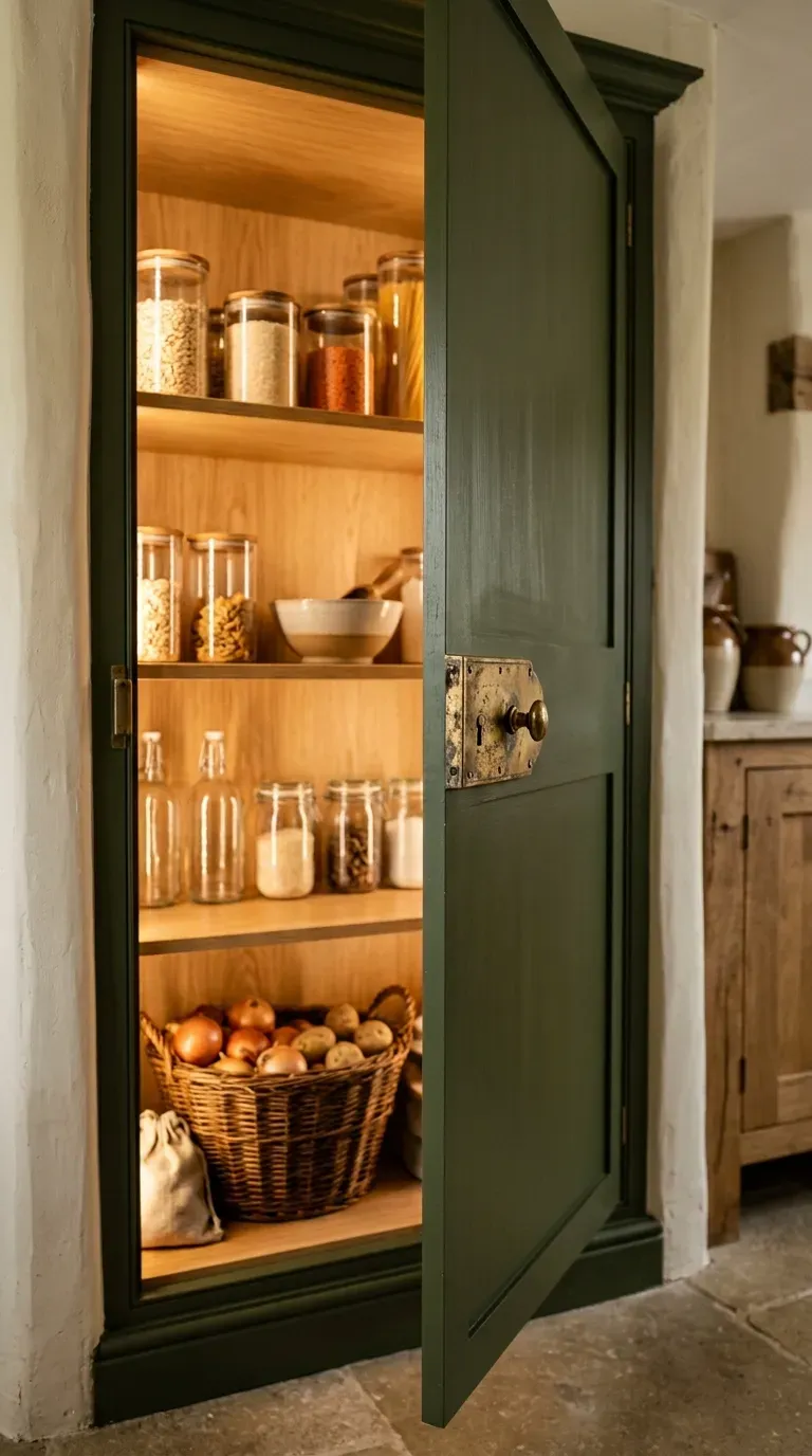 10 Modern Kitchen Color Ideas That Are Trending for 2026 8 deep forest olive green painted pantry cabinet styled with antique brass turn latches