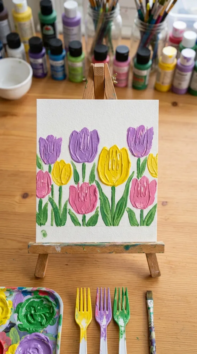 colorful fork stamped tulip flower painting on white paper with green stems