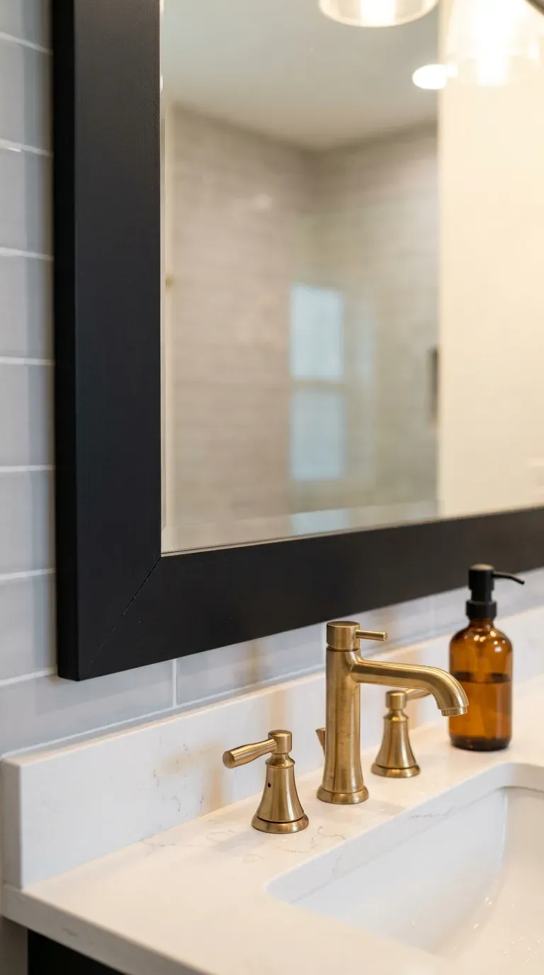 custom black wood-framed bathroom mirror above a white quartz vanity countertop