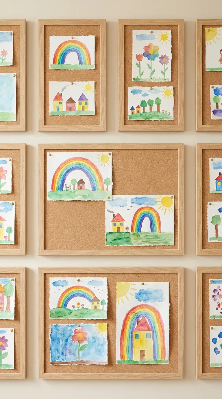 13 Genius Homeschool Room Ideas You Will Want to Copy ASAP 8 symmetrical gallery grid of framed cork bulletin boards displaying colorful children art