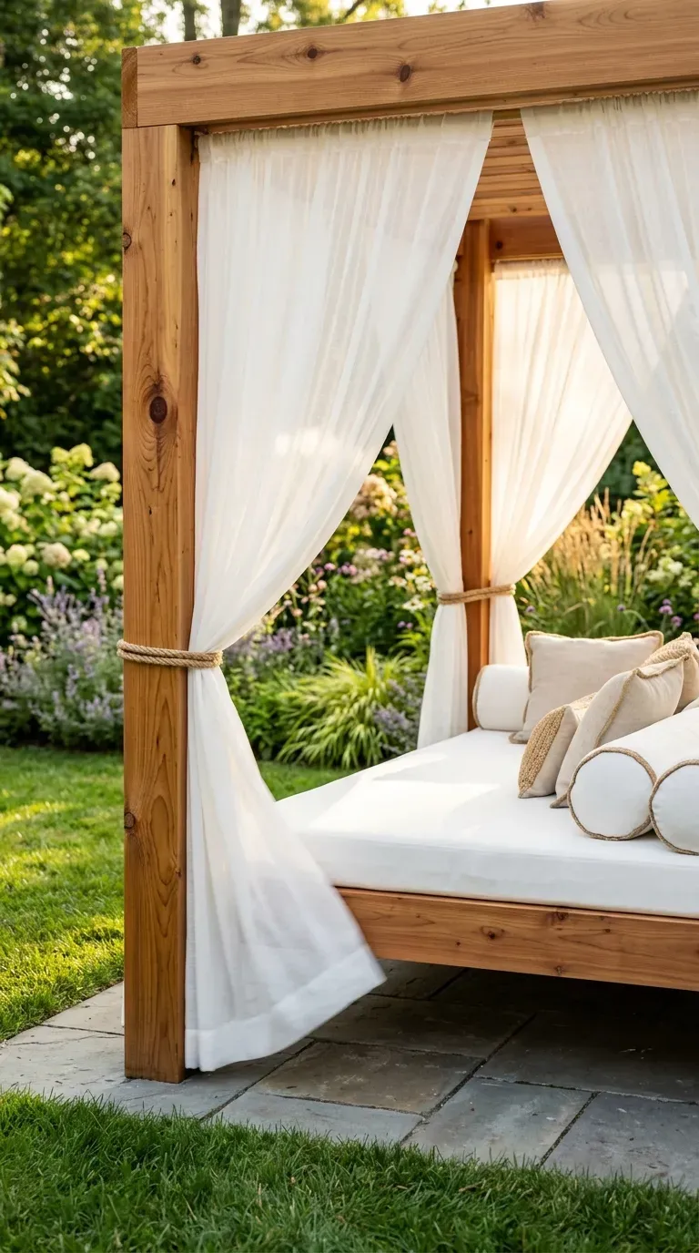 slatted cedar daybed cabana with white sheer curtains blowing in the breeze