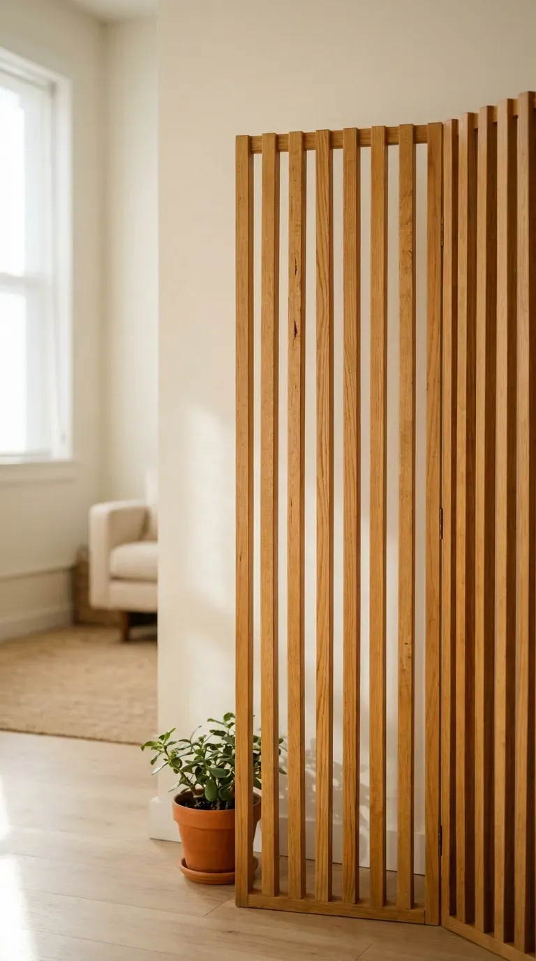 wooden slat folding room divider screen styled in a bright studio apartment