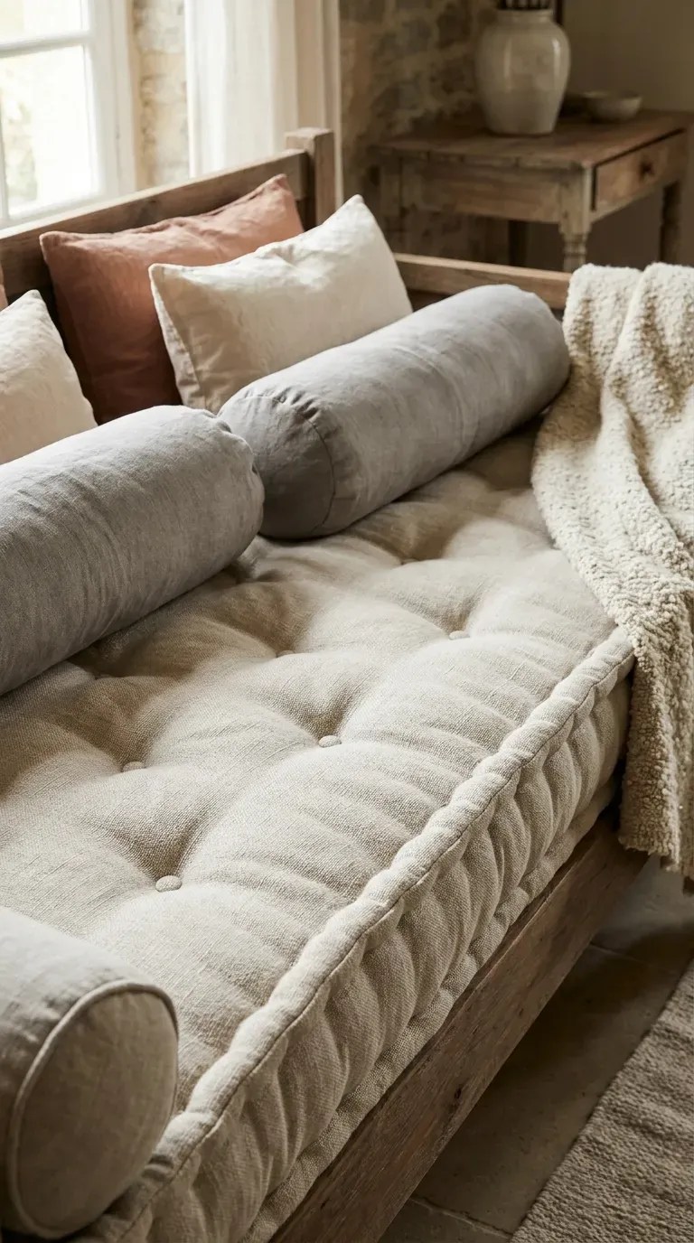 tufted French mattress daybed styled with oversized side bolsters and throw cushions