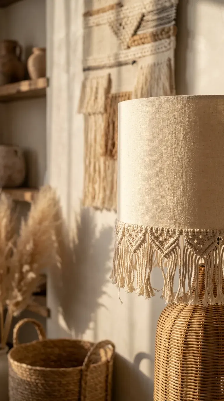 11 Creative DIY Lampshades That Look Store-Bought 12 lampshade with cream cotton fringe trim along the bottom edge in a boho bedroom