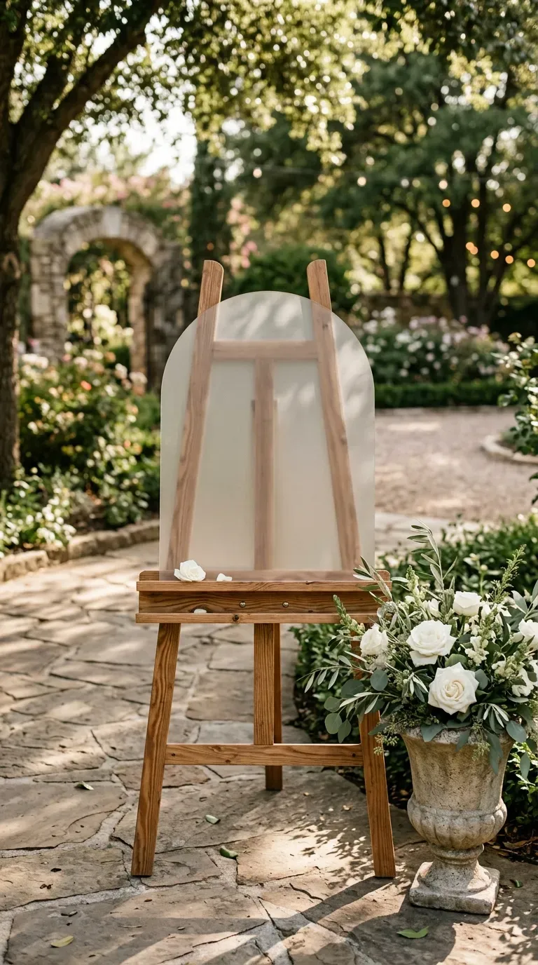 11 Gorgeous Wedding Cricut Projects You'll Want to Copy 2 frosted arched acrylic wedding welcome sign with white calligraphy on a wooden easel