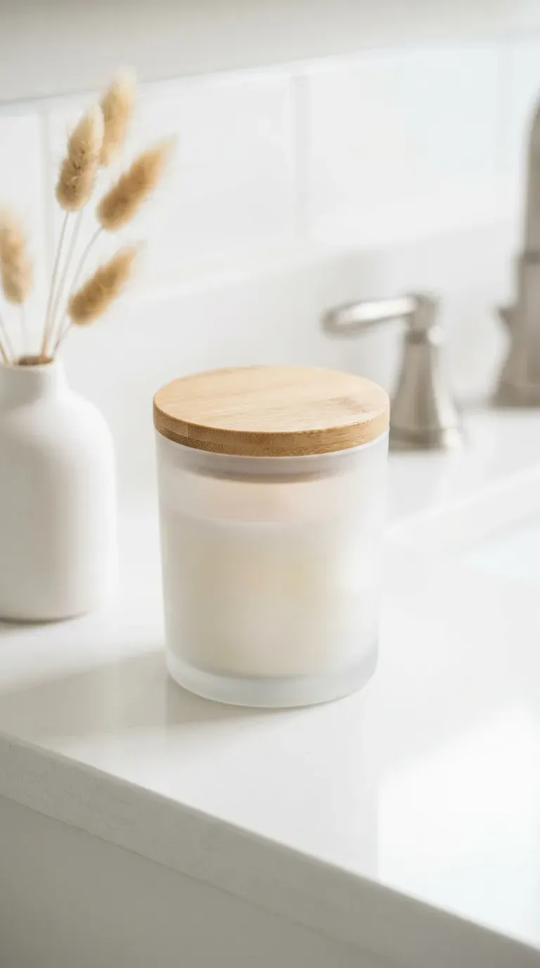 10 Modern DIY Soy Candle Ideas That Are Big in 2026 8 minimalist frosted white glass soy candle with natural bamboo lid in a bathroom