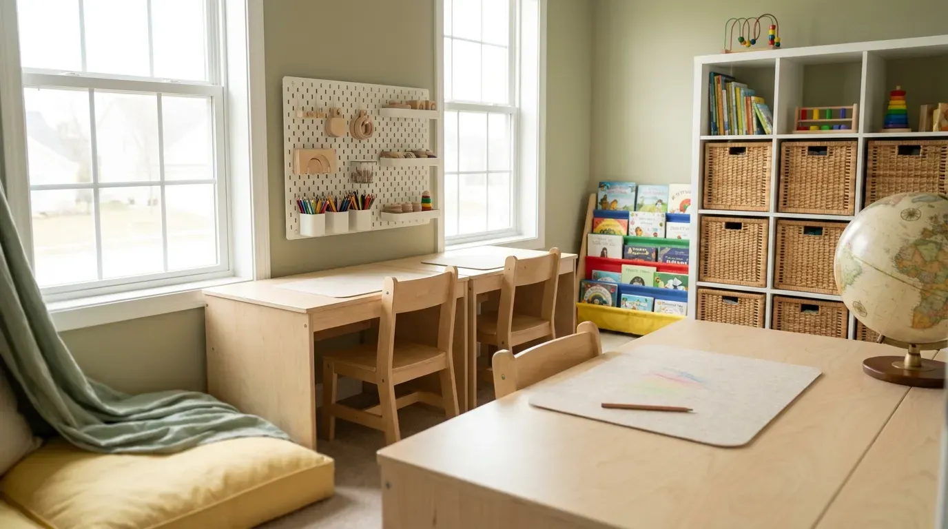 wide shot of a bright and organized modern homeschool classroom with dual study desks