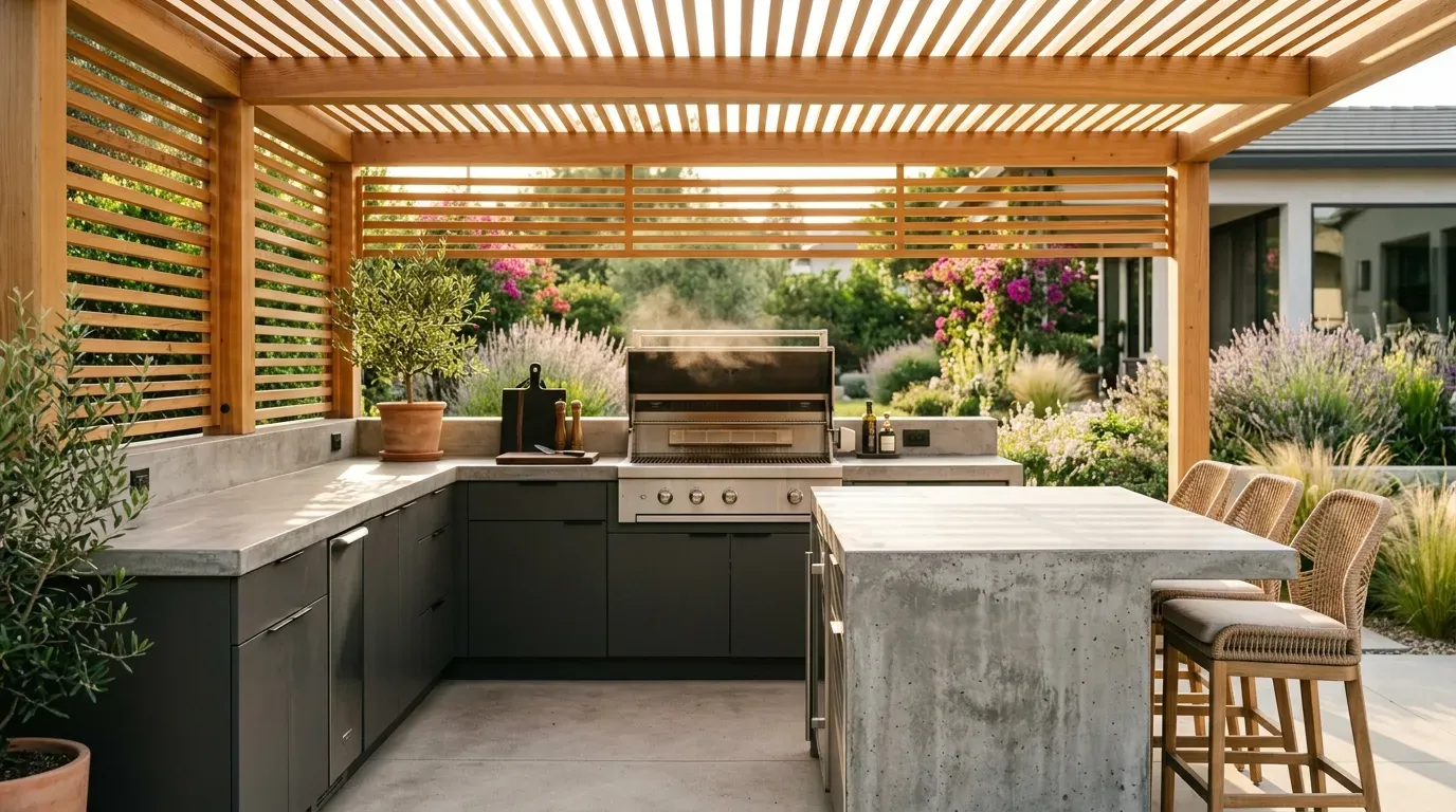 modern outdoor kitchen with concrete waterfall island, stainless grill, and cedar pergola
