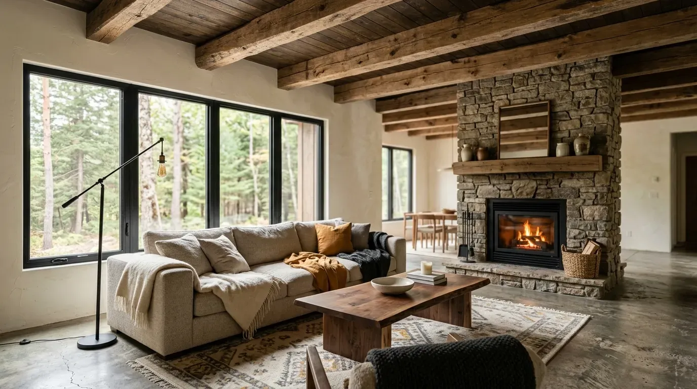 wide view of a rustic modern living room blending reclaimed wood and sleek furniture