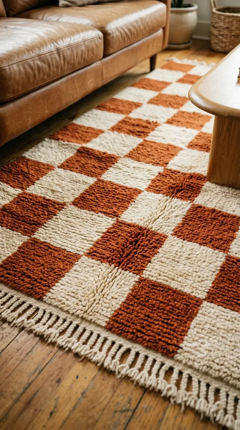 10 Trending Bold Home Decor Pieces to Style in 2026 7 warm rust and cream checkerboard pattern wool area rug styled under modern furniture