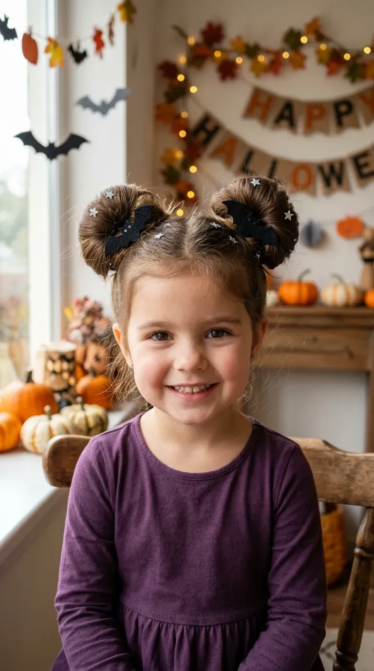 Halloween Hairstyles for Kids: 10 Cute and Spooky Ideas 6 Girl wearing a cute half-up hairstyle decorated with tiny ghost-shaped Halloween clips.