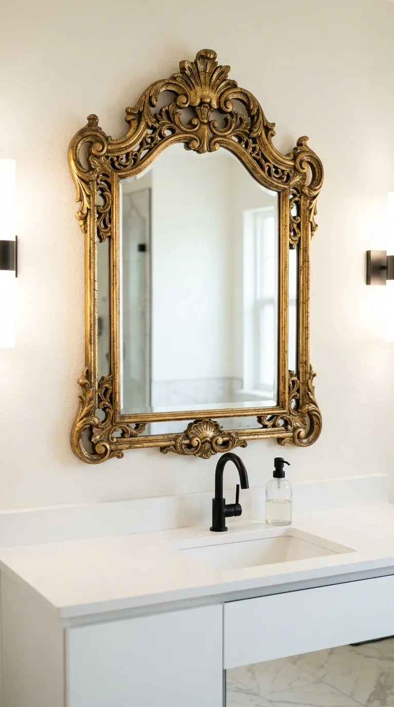 ornate antique gold baroque mirror hung above a sleek modern white bathroom vanity