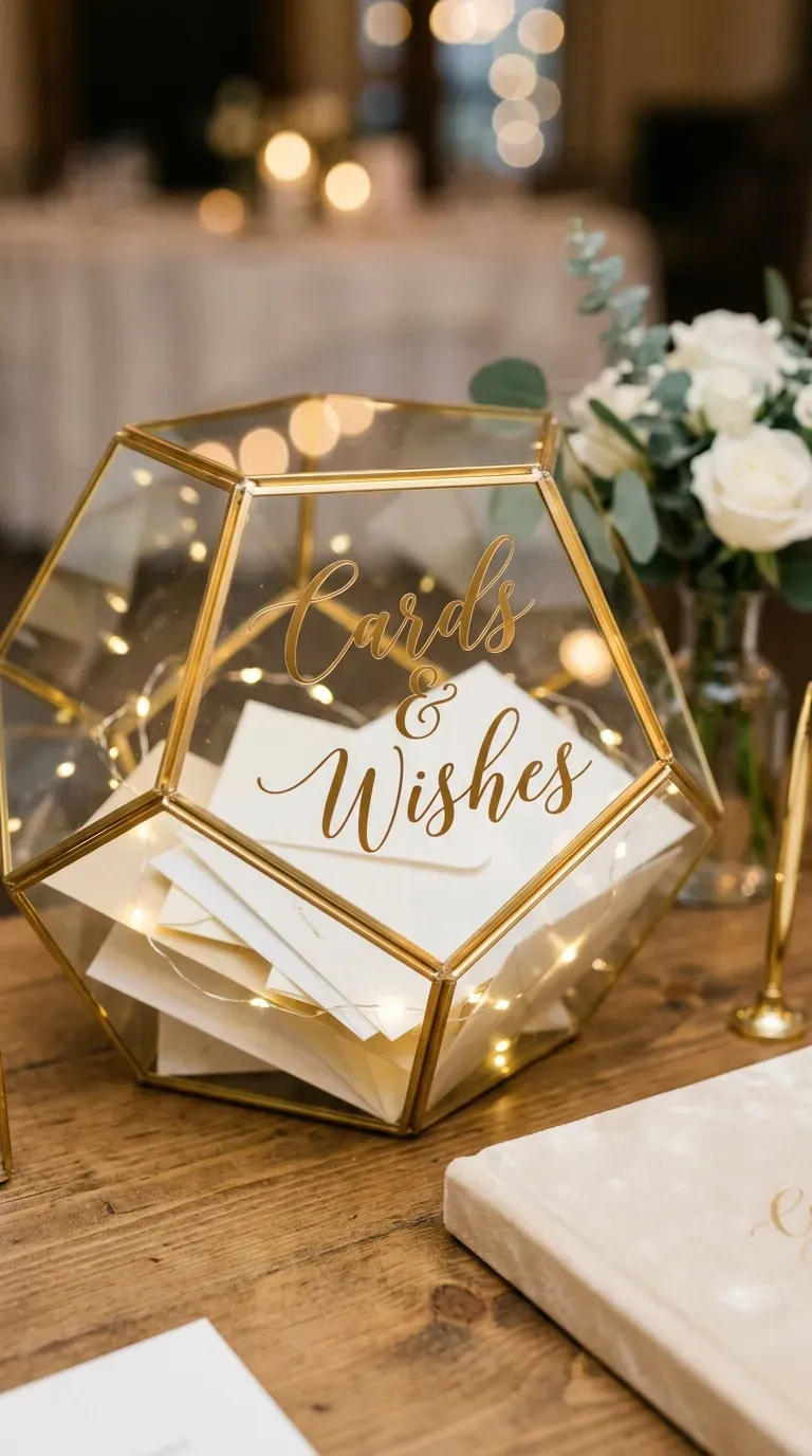 11 Gorgeous Wedding Cricut Projects You'll Want to Copy 8 glass geometric terrarium wedding card box with mirrored gold vinyl lettering