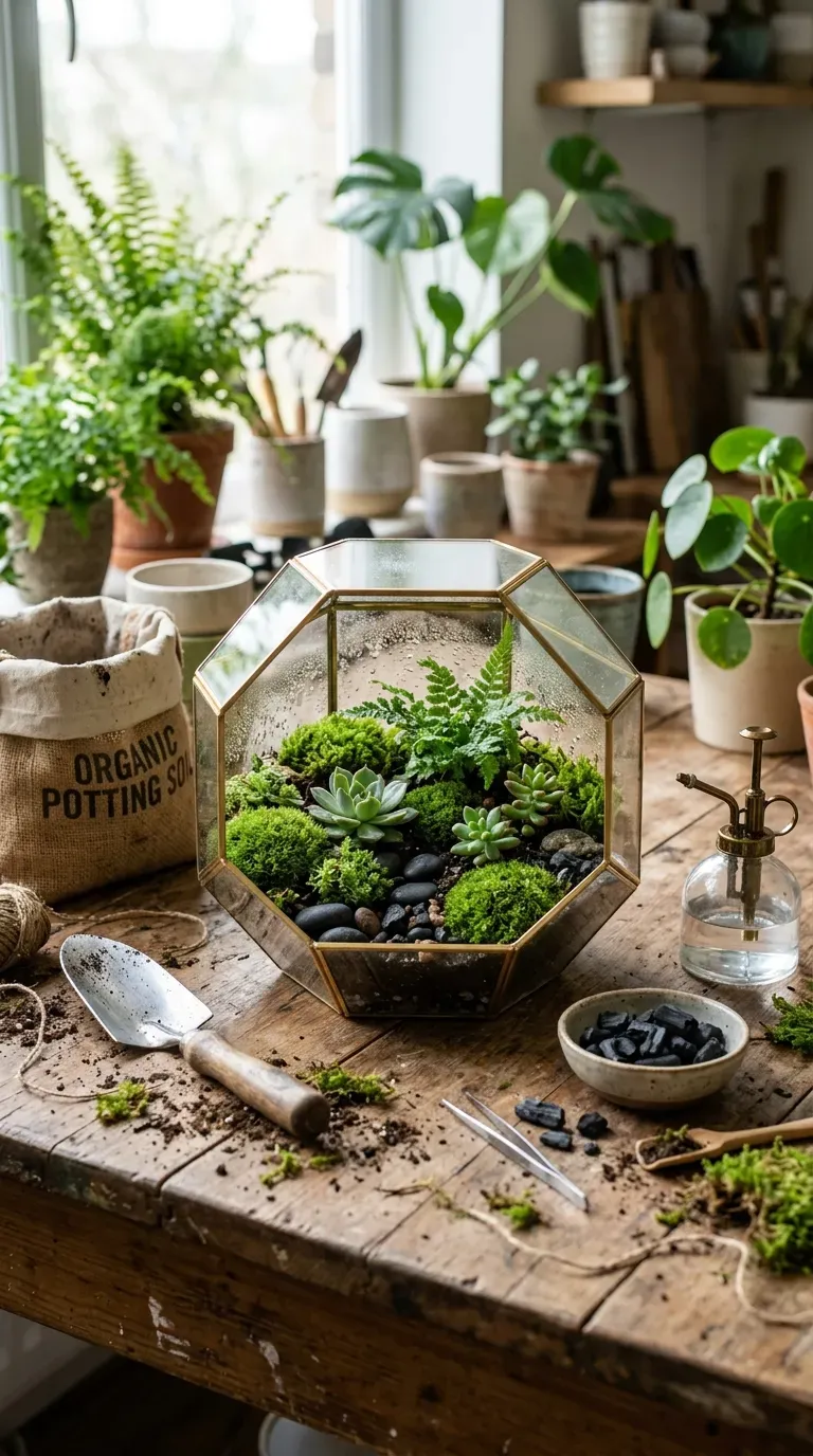12 Aesthetic Craft Night Ideas for a Dreamy Evening 11 Geometric glass terrarium filled with lush moss and tiny succulents