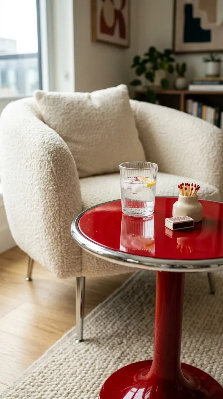 10 Trending Bold Home Decor Pieces to Style in 2026 8 small glossy cherry red pedestal drink table styled next to a neutral bouclé chair