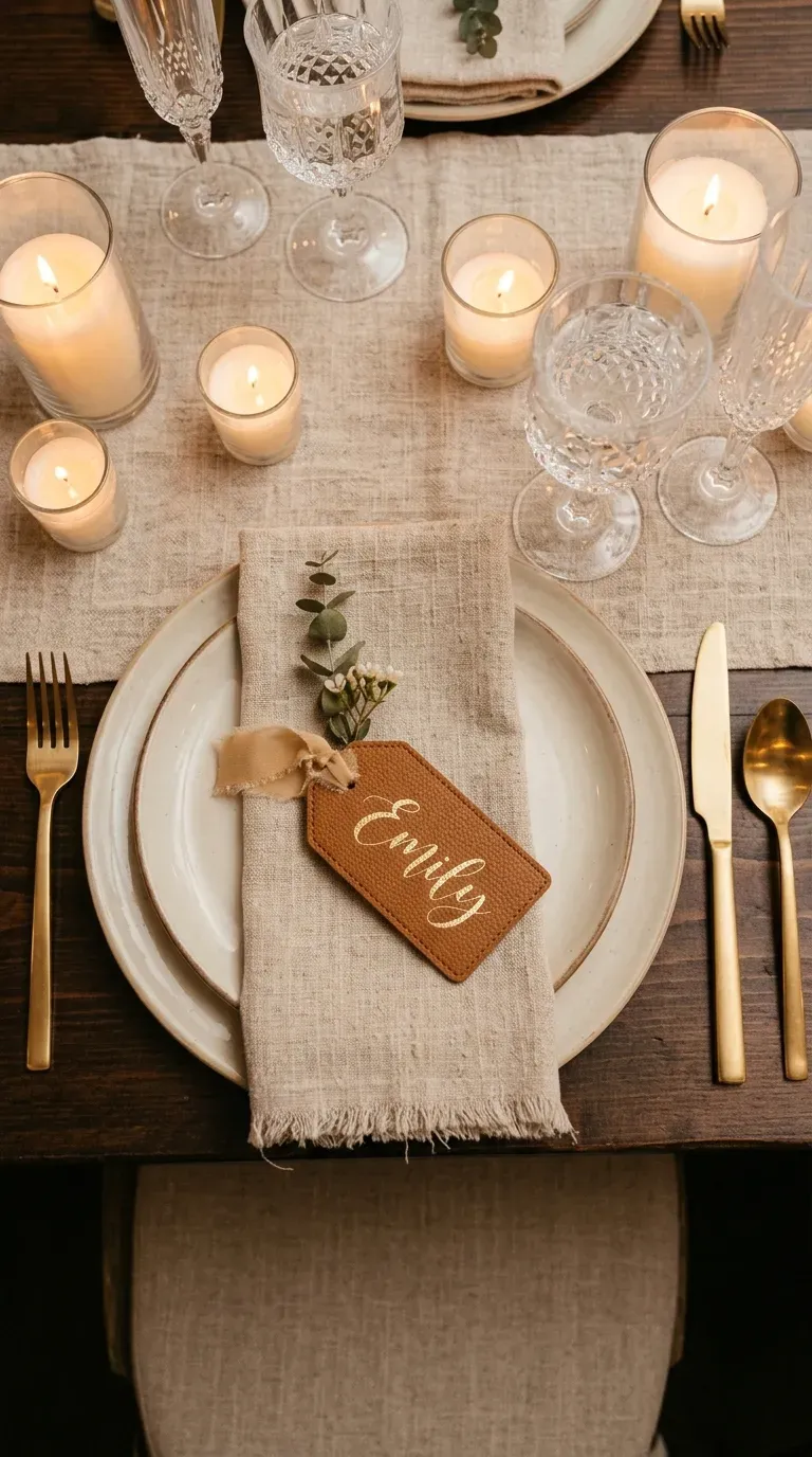 11 Gorgeous Wedding Cricut Projects You'll Want to Copy 3 caramel faux leather luggage tag place card with gold foil name on a ceramic dinner plate