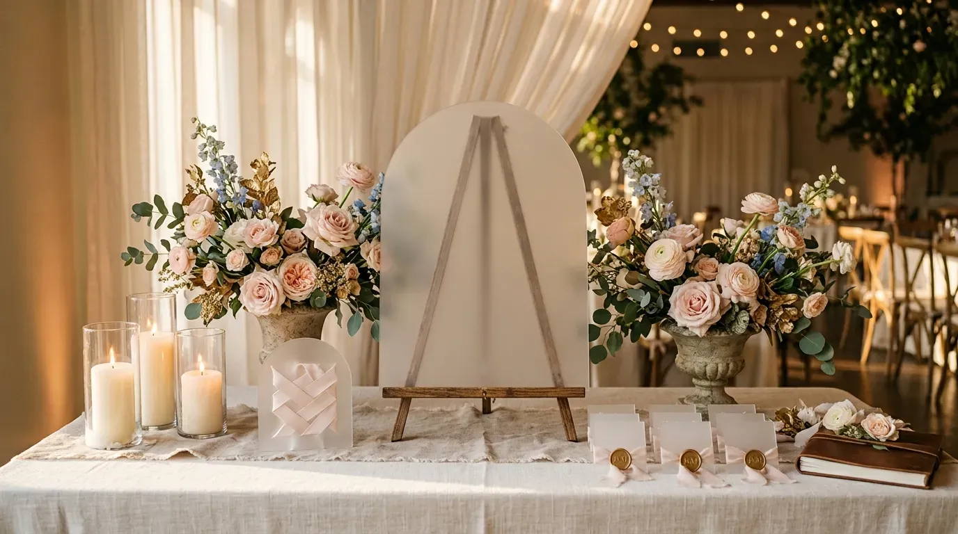 curated wedding reception display styled with frosted acrylic sign and personalized table decor