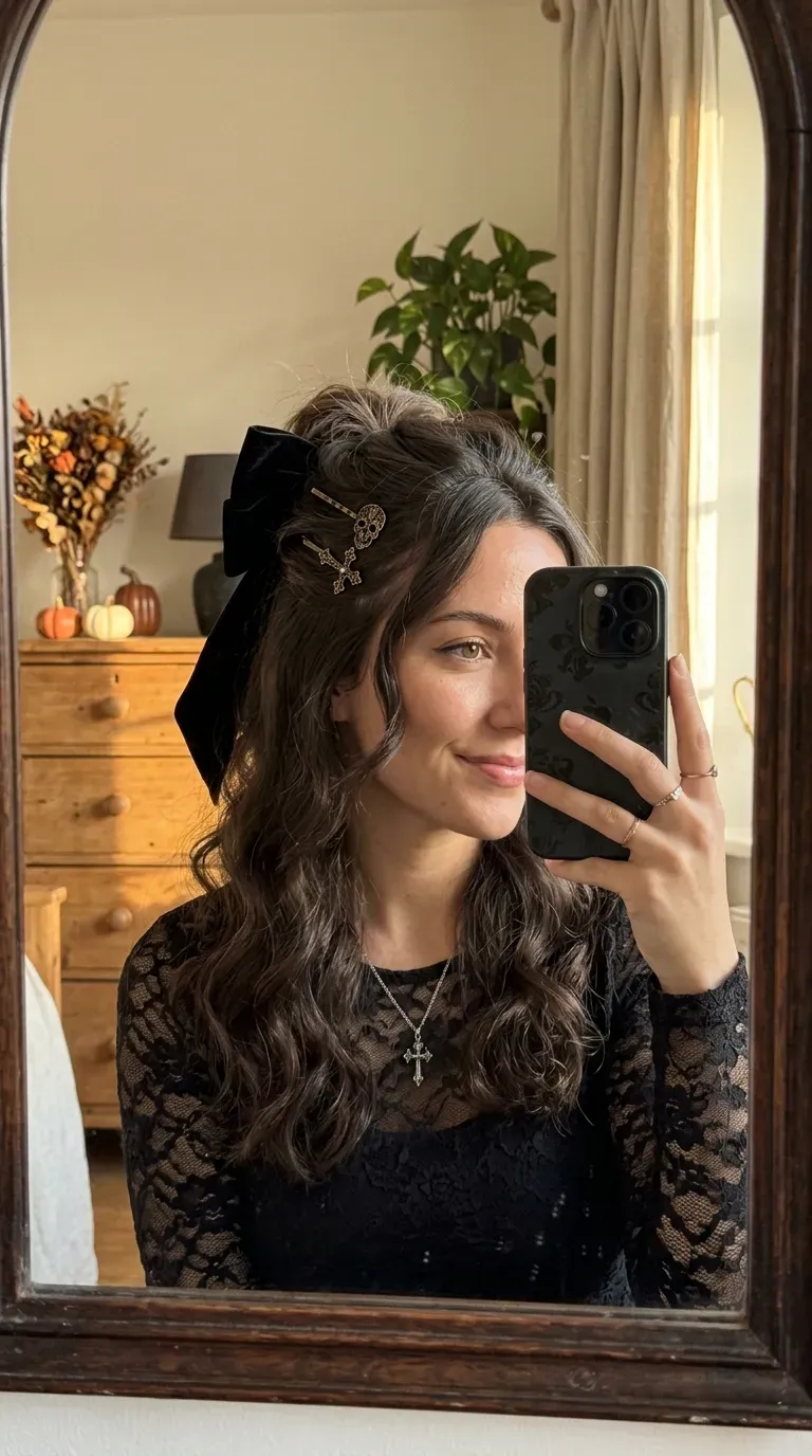 Woman taking an iPhone mirror selfie showing a romantic gothic half-up hairstyle with black velvet details.