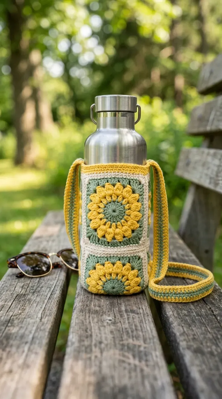 crochet granny square water bottle carrier holding a metal bottle on a park bench