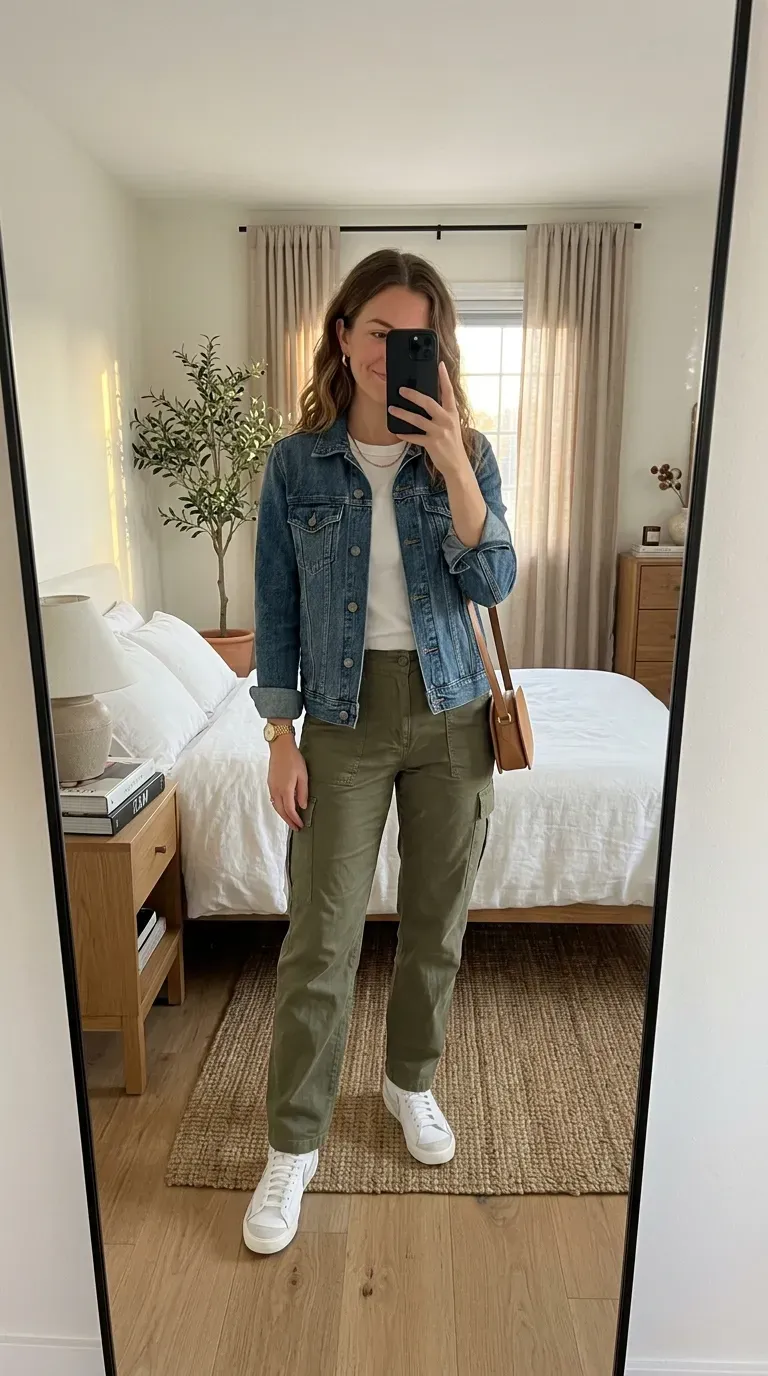 What to Wear with Green Pants: 11 Stylish Outfit Ideas 5 Woman wearing green cargo pants with denim jacket for relaxed casual style.