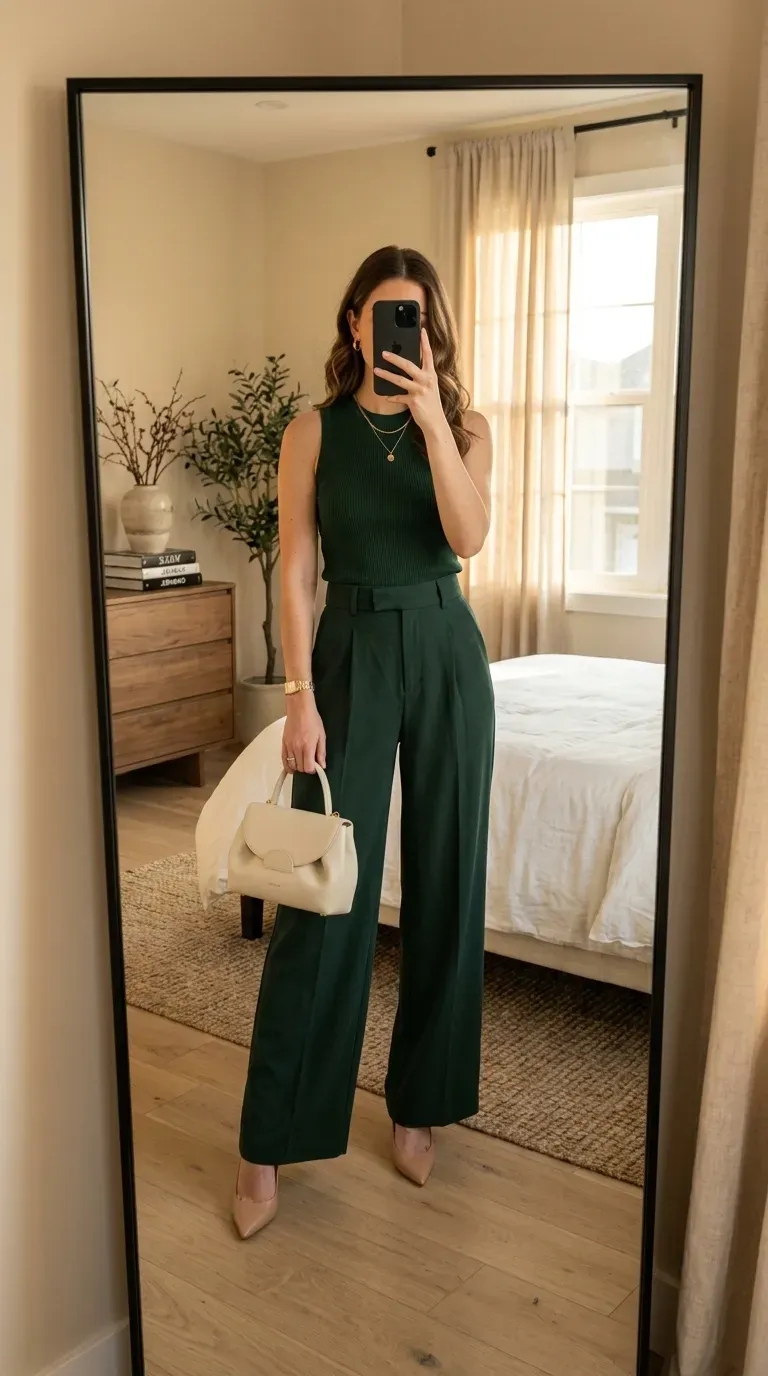 What to Wear with Green Pants: 11 Stylish Outfit Ideas 11 Woman wearing matching green pants and top for elegant monochrome fashion look.
