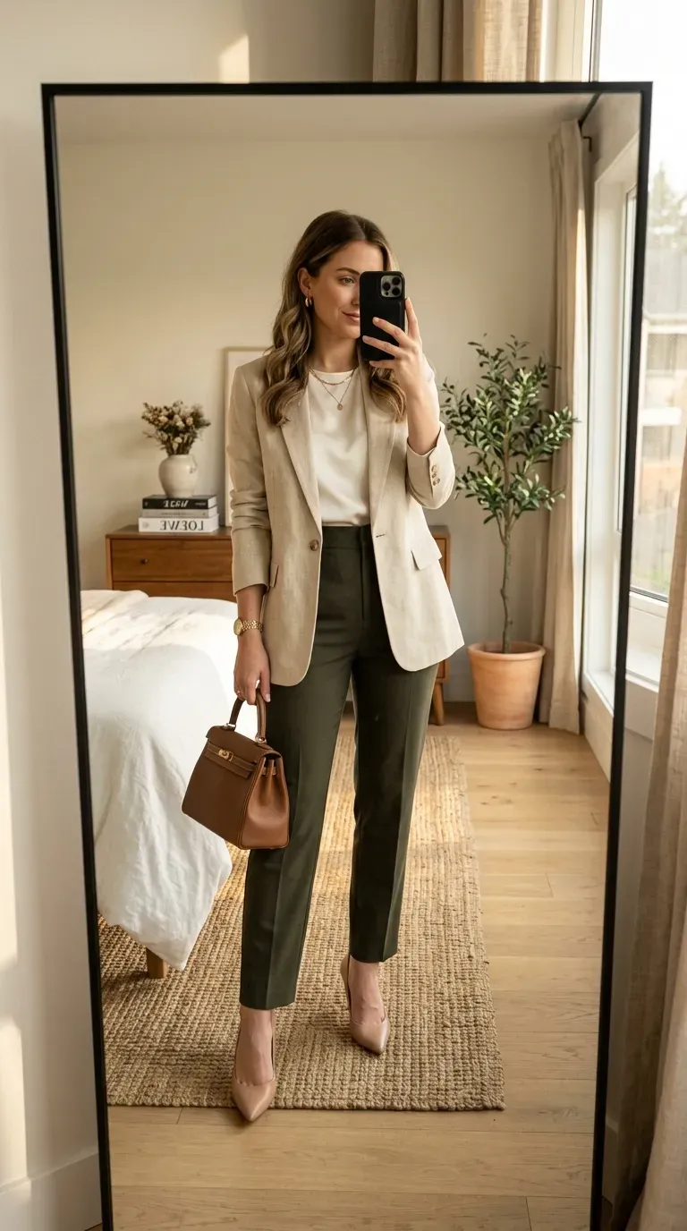 What to Wear with Green Pants: 11 Stylish Outfit Ideas 6 Woman wearing green pants with beige blazer for sophisticated business casual style.
