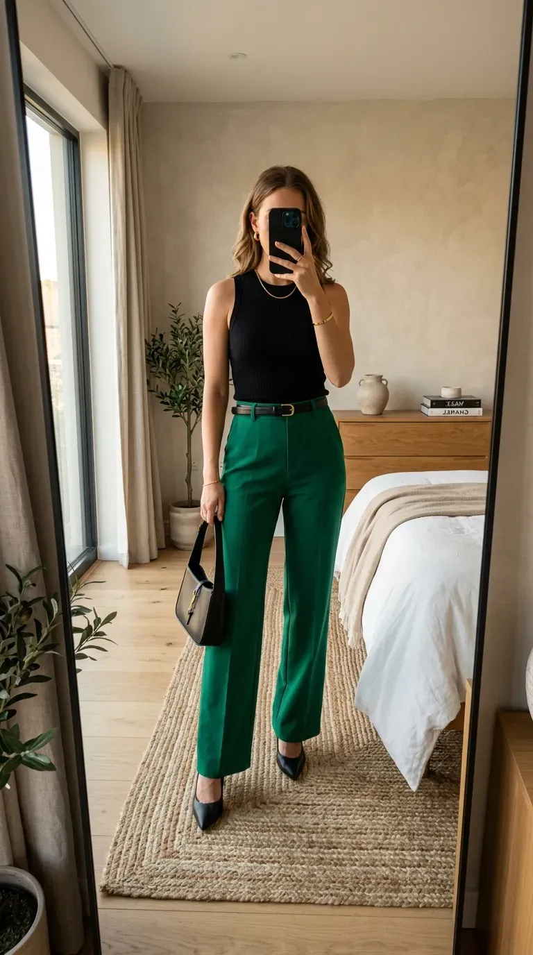 What to Wear with Green Pants: 11 Stylish Outfit Ideas 4 Woman wearing green trousers with black fitted top for sophisticated modern style.