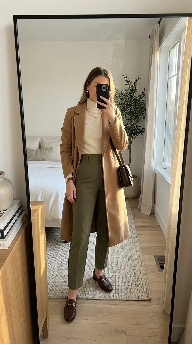 What to Wear with Green Pants: 11 Stylish Outfit Ideas 12 Woman wearing green pants with camel coat for elegant sophisticated fall style.