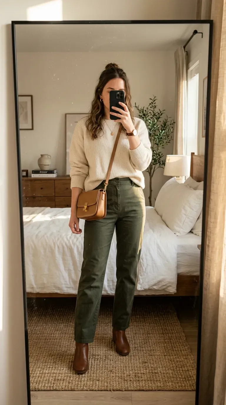 What to Wear with Green Pants: 11 Stylish Outfit Ideas 3 Woman wearing green pants with cream sweater for cozy elegant fall style.