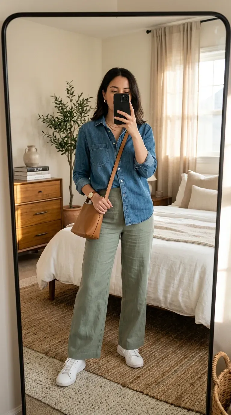 What to Wear with Green Pants: 11 Stylish Outfit Ideas 10 Woman wearing green pants with denim shirt for casual chic everyday outfit.