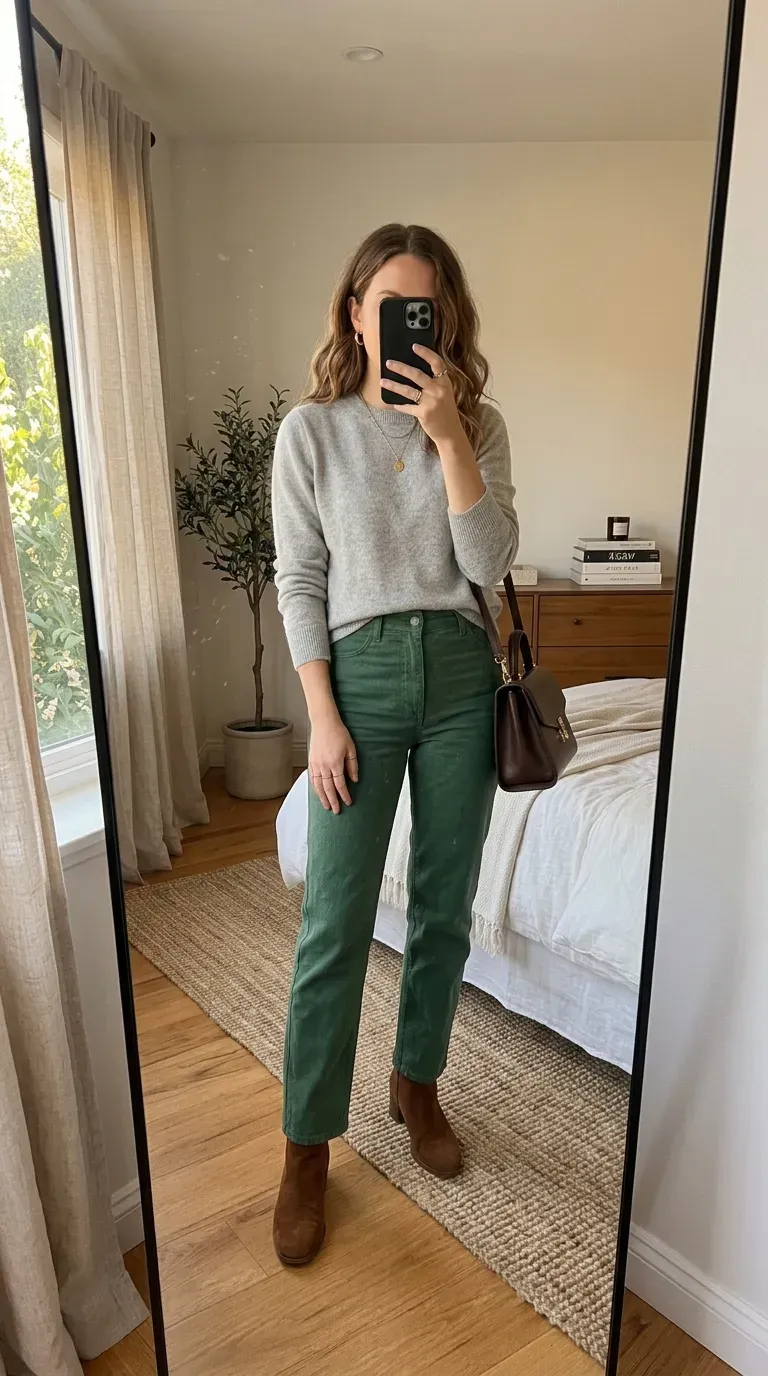 What to Wear with Green Pants: 11 Stylish Outfit Ideas 9 Woman wearing green pants with gray sweater for relaxed polished fall outfit.