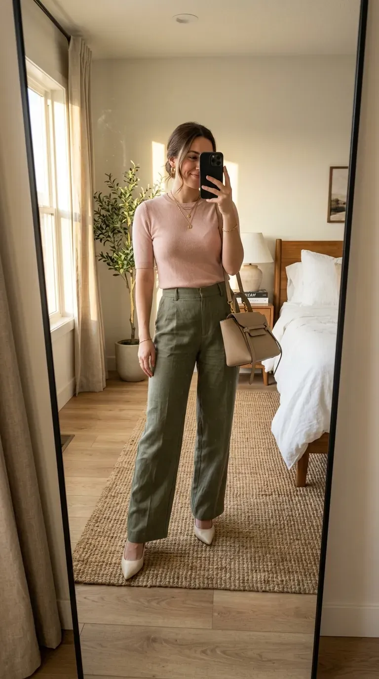 What to Wear with Green Pants: 11 Stylish Outfit Ideas 8 Woman wearing green pants with blush pink top for feminine modern color combination.